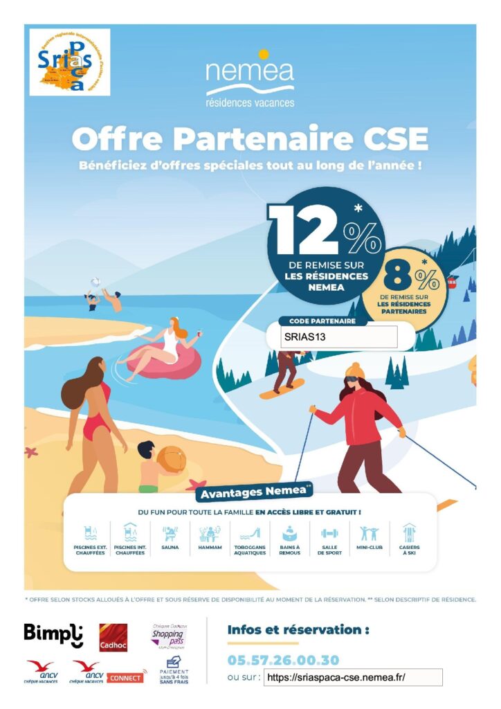 affiche avec un dessin de plage sur la gauche et de piste de ski sur la droite