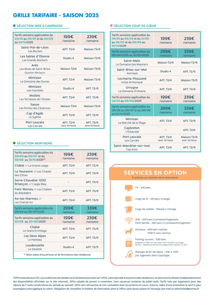Tarif basse saison 2025